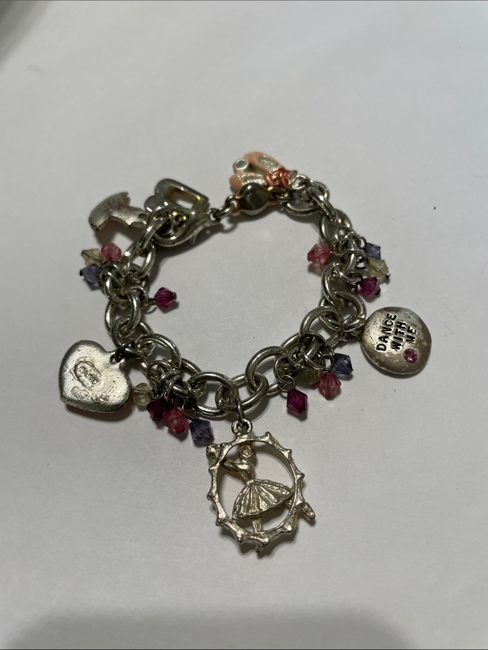 Charm-Silver Bracelet with Pink & Purple Beads